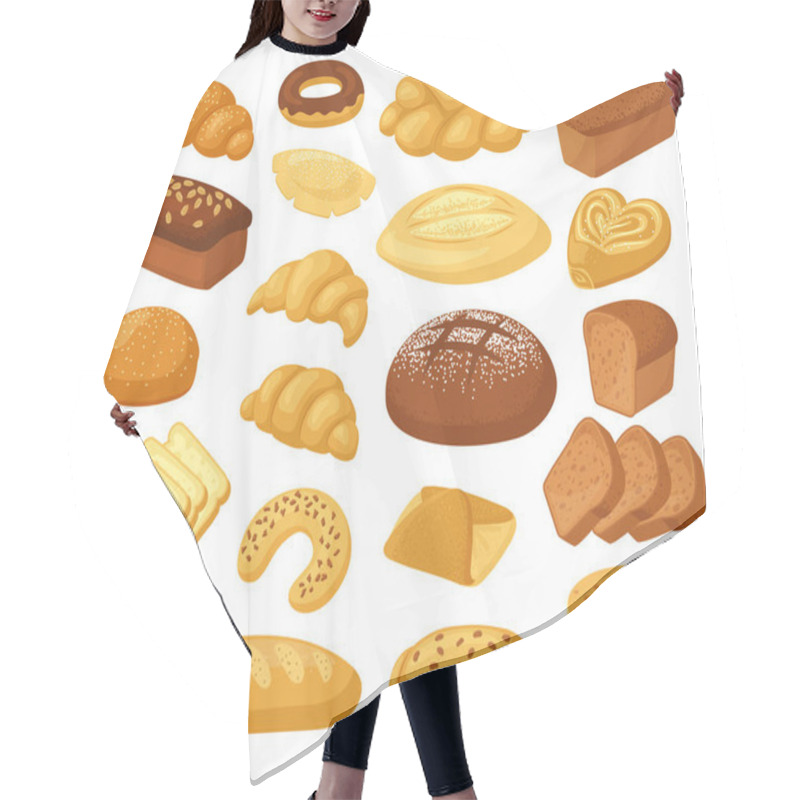 Personality  Cartoon Bread. Bakery Products, Roll Baguette, Bread Loaf And Toast, Sweet Donut, Cake And Croissant. Pastry Wheat Products Vector Illustrations Hair Cutting Cape