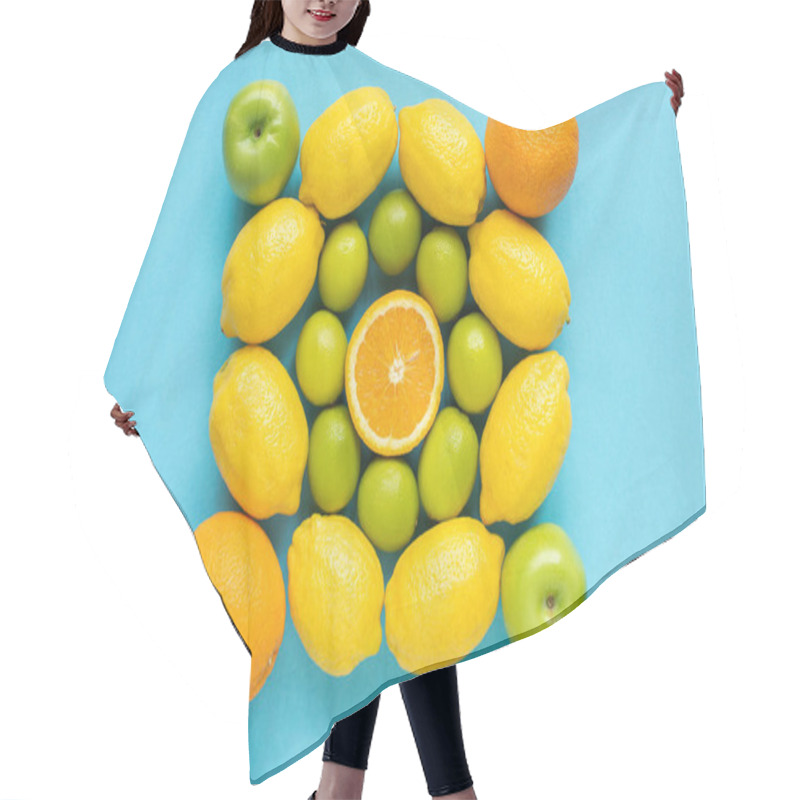 Personality  Top View Of Fresh Fruits On Blue Background Hair Cutting Cape