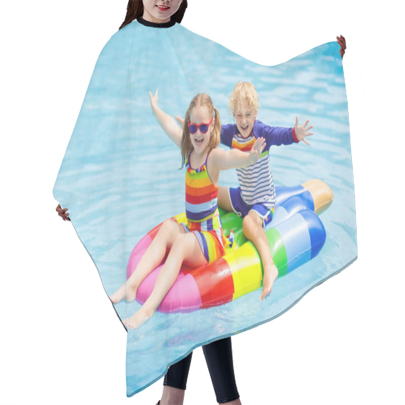 Personality  Kids On Inflatable Float In Swimming Pool.  Hair Cutting Cape