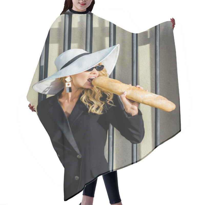 Personality  Beautiful Young Woman In Stylish Clothes Eating Baguette Hair Cutting Cape