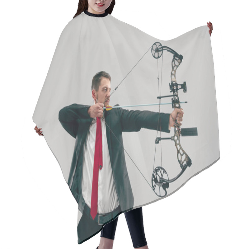 Personality  Businessman Aiming At Target With Bow And Arrow, Isolated On White Background Hair Cutting Cape