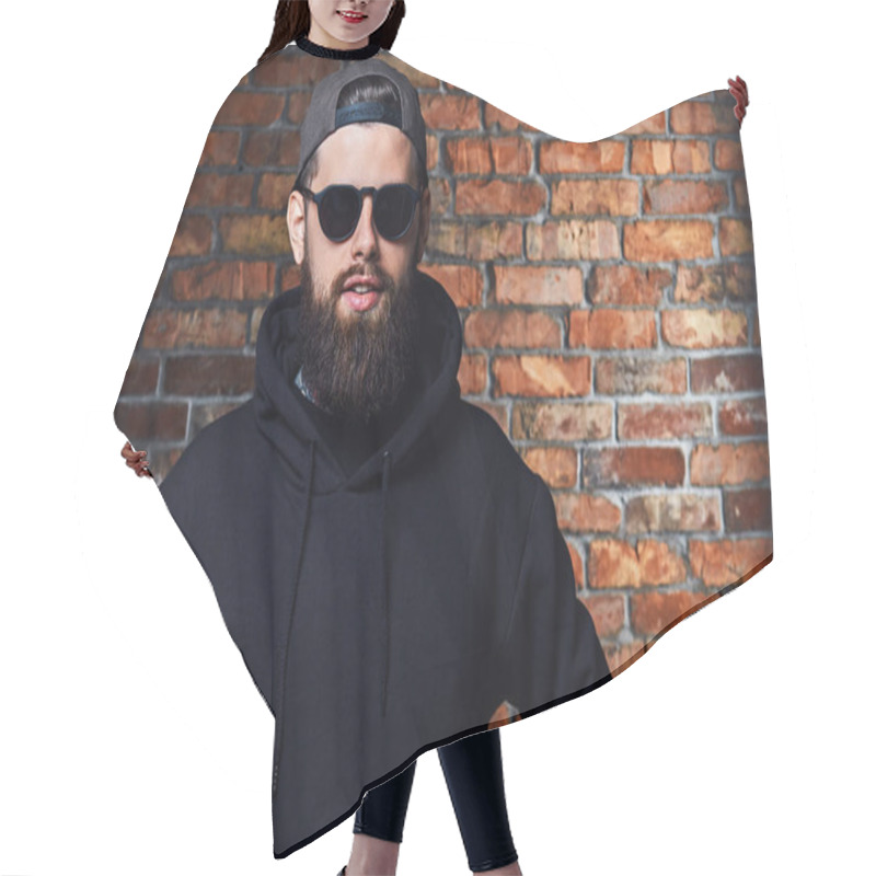 Personality  Modern Bearded Hipster Male In Hoodie  Hair Cutting Cape