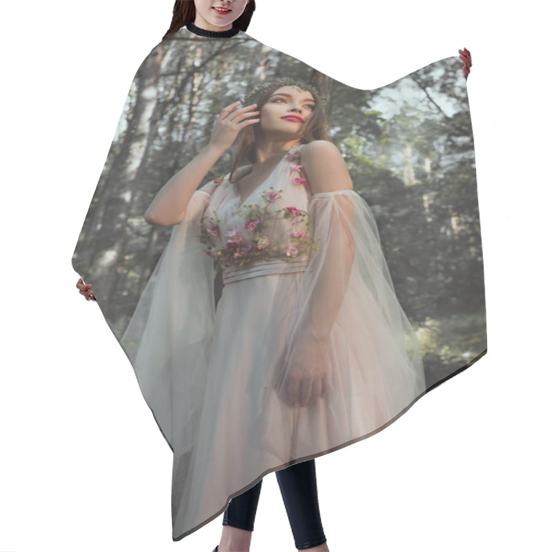 Personality  Attractive Mystic Elf In Flower Dress In Forest Hair Cutting Cape