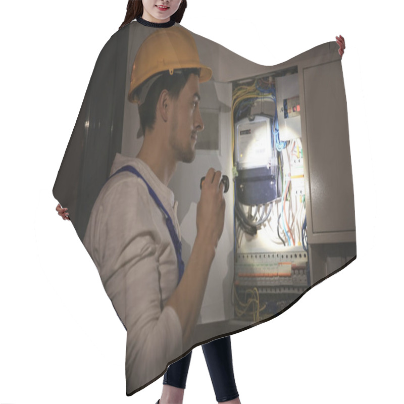 Personality  Young Electrician With Flashlight Near Switch Box In Dark Room Hair Cutting Cape