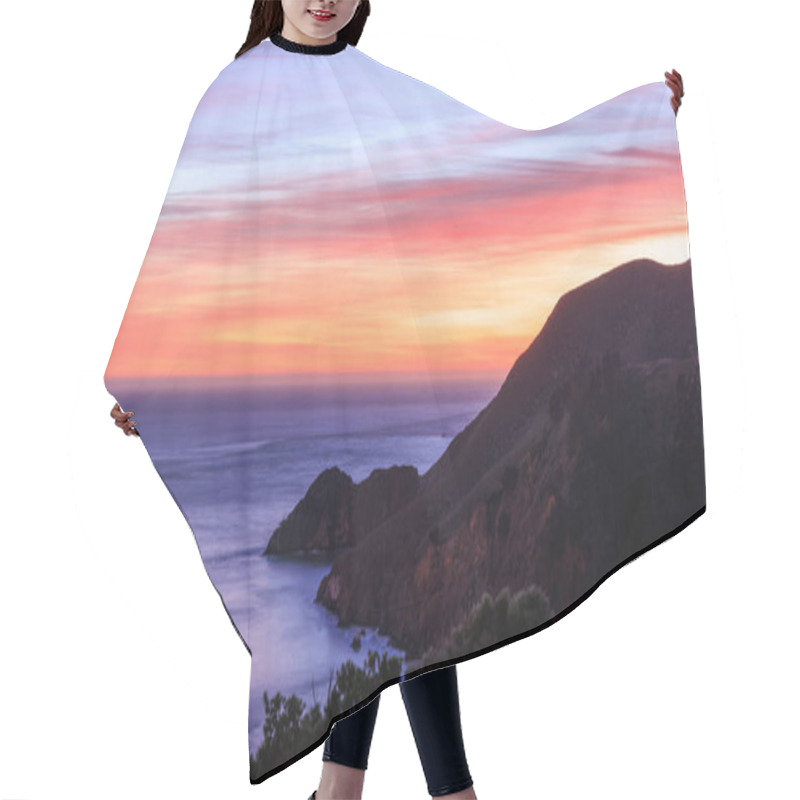 Personality  Mountain Slopes Into Pacific Ocean On Rugged Coast With Beautiful Sunset. High Quality Photo Hair Cutting Cape