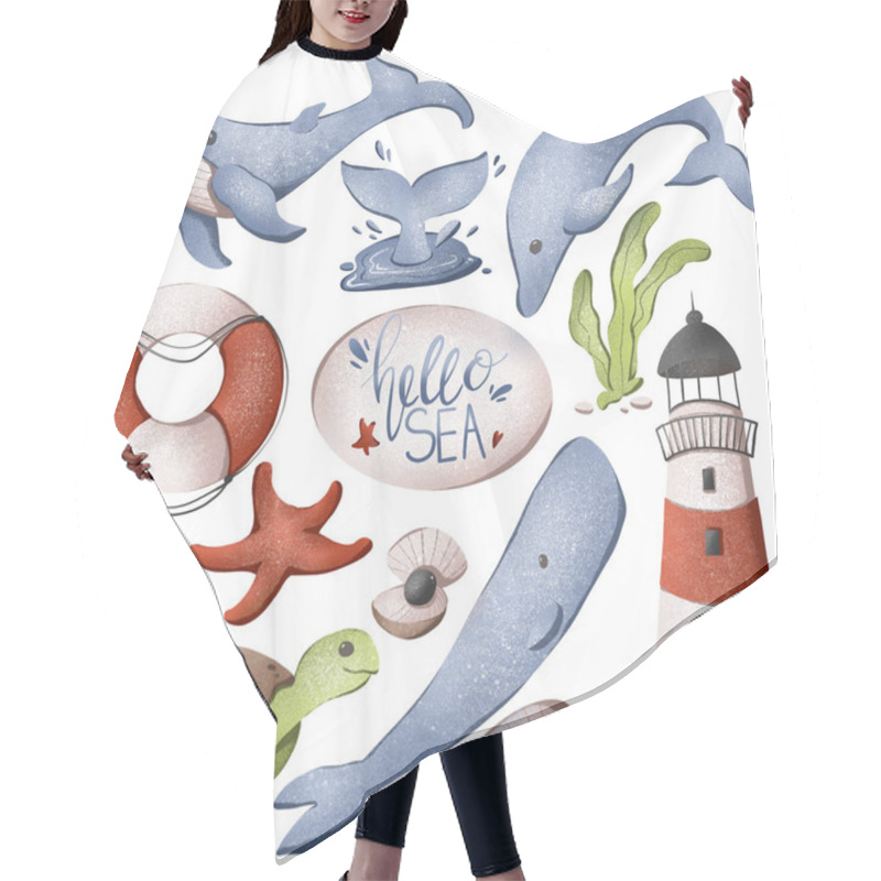 Personality  Digital Illustration Cute Texture Set Hello Sea, Sperm Whale, Whale, Lighthouse, Turtle, Life Buoy. Print For Stickers, Wrapping Paper, Baby Fabrics, Cards, Banners, Web Design. Hair Cutting Cape