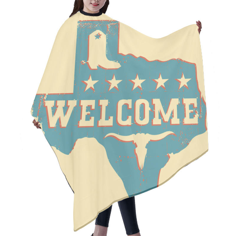 Personality  Texas Welcome Map Silhouette With Bull Skull And Cowboy Boots On Old Paper Background. Vector Illustration Of Texas Map Blue Red Silhouette  Hair Cutting Cape