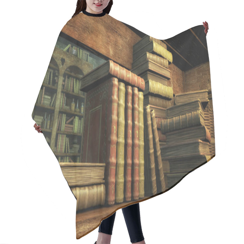 Personality  A 3D Illustration Of A Medieval Room Full Of Antique Books, And A Rustic Bookcase, Evoking History. Hair Cutting Cape