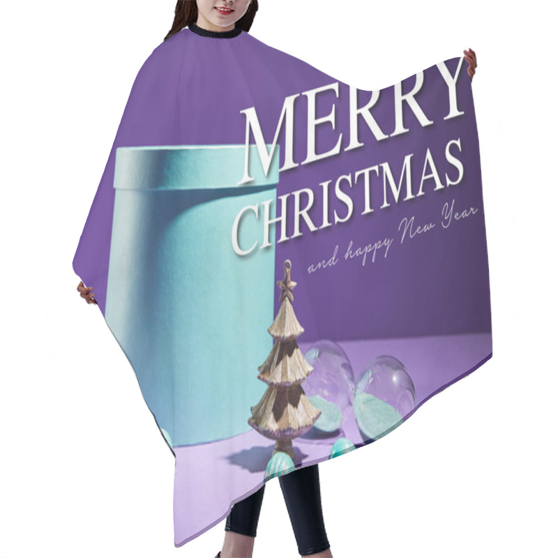 Personality  Blue Gift Box And Decorative Christmas Tree With Baubles On Purple Background With Merry Christmas And Happy New Year Illustration Hair Cutting Cape