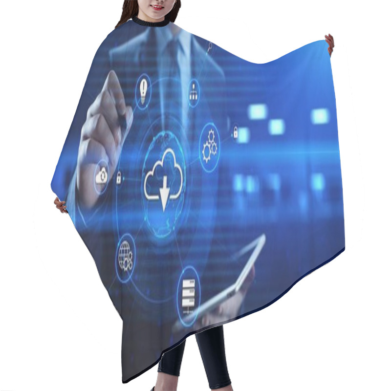 Personality  Download Software Application Internet Technology Concept. Businessman Pressing Button Hair Cutting Cape