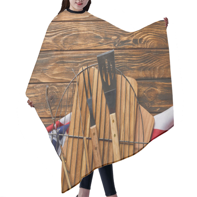 Personality  Top View Of American Flag And Bbq Equipment On Wooden Rustic Table Hair Cutting Cape