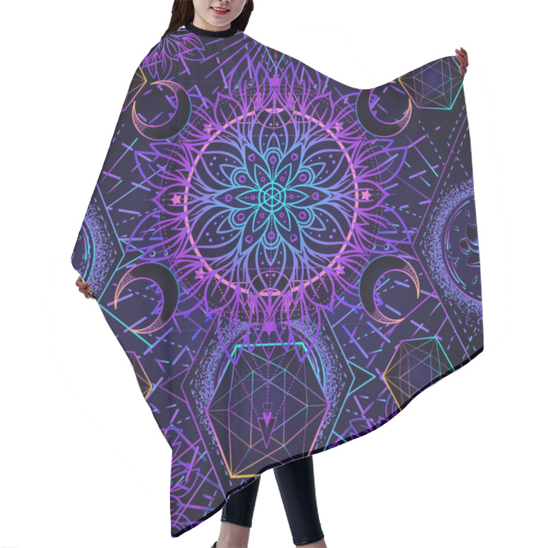 Personality  Sacred Geometry Seamless Pattern. Hindu Symbols Of Wisdom And Path To Perfection. Tattoo, Yoga Background, Buddhism Design, Print, Poster, T-shirt, Textile. Hair Cutting Cape