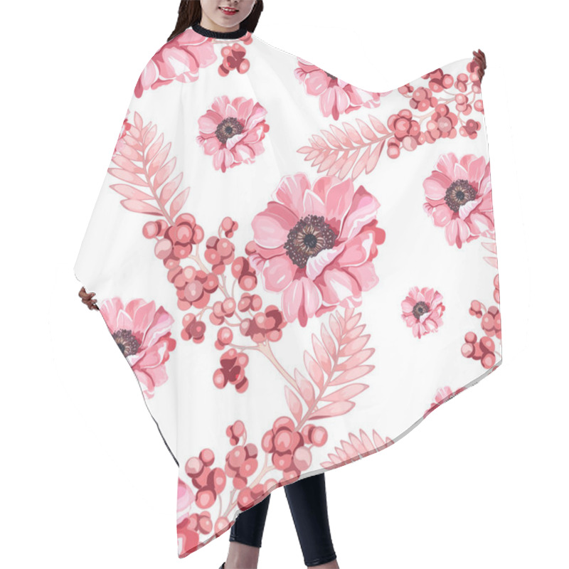 Personality  Seamless Floral Pattern With Pink Roses And Anemones. Hand-Drawn Pink Flowers And Foliage Design. Romantic Rose And Anemone Pattern Hair Cutting Cape