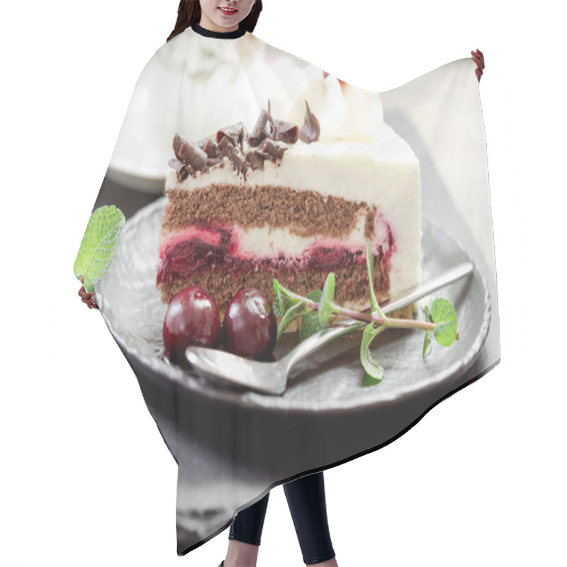 Personality   Delicious Fruit Cake With Sour Cherry, Dark Chocolate And Whipped Cream, Slice Of Black Forest Cake Close Up Hair Cutting Cape