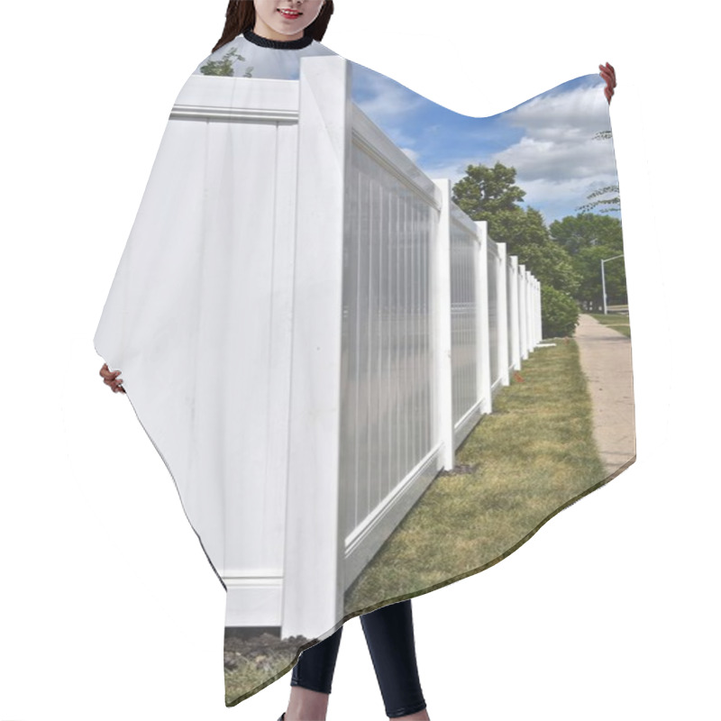 Personality  Finished White Vinyl Outdoor Privacy Fence Along A Sidewalk Hair Cutting Cape