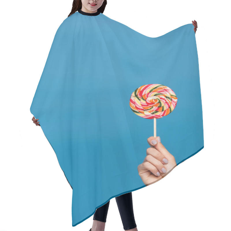 Personality  Cropped View Of Woman Holding Sweet Lollipop Isolated On Blue Hair Cutting Cape