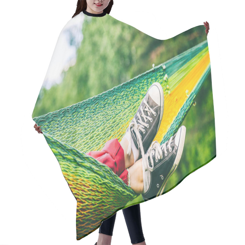 Personality  Female Legs In Sneakers In A Hammock, Summer Concept, Outdoor Re Hair Cutting Cape