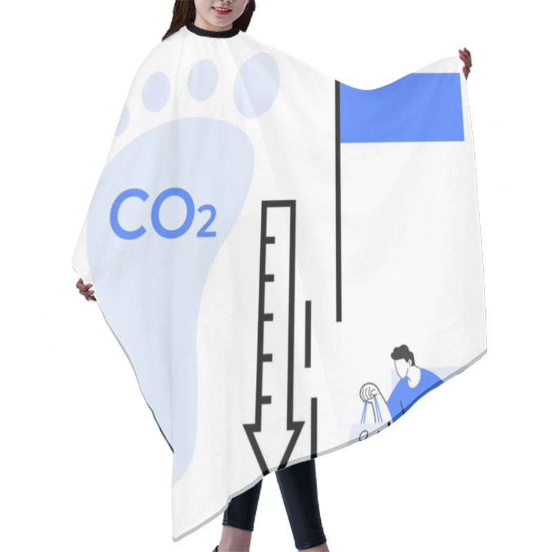 Personality  CO2 Footprint With Downward Arrow, A Person Holding A Recycling Bag And Blue Flag. Ideal For Environmental Awareness, Sustainability, Climate Change, Recycling, Eco-friendly Actions, Carbon Reduction Hair Cutting Cape