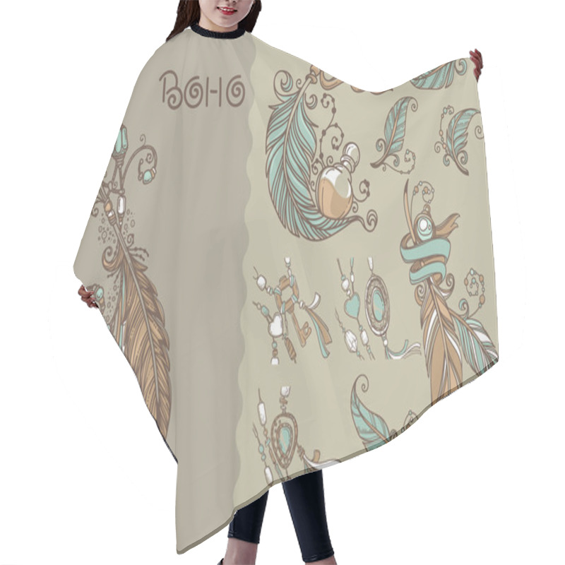 Personality  Boho Chic, Collection Of Vector Hand Drawn Elements Hair Cutting Cape