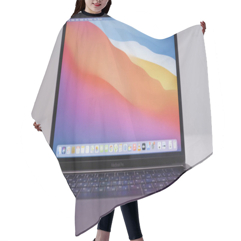 Personality  RUSSIA, MOSCOW-DECEMBER, 2020: New Macbook. Action. New Generation Of Macbooks From Apple With Improved Performance And Perfect Design. Bright Screen Of New Macbook On Isolated Background Hair Cutting Cape