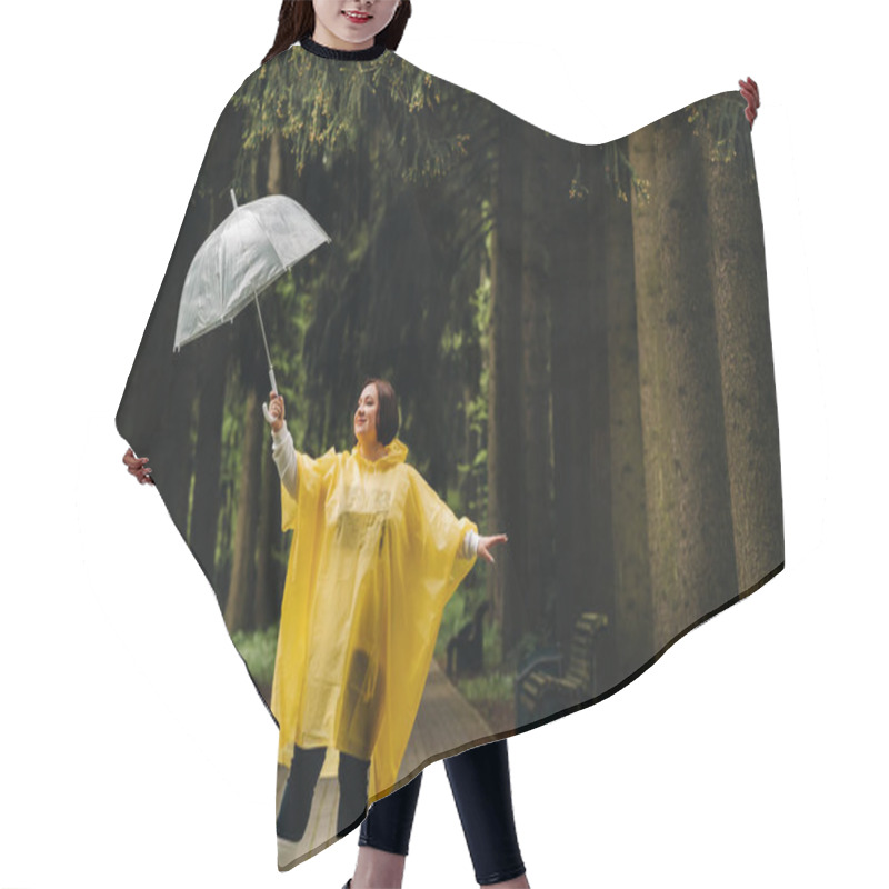 Personality  A Woman In A Yellow Raincoat And An Umbrella Walks In The Park And Garden In Summer. Hair Cutting Cape