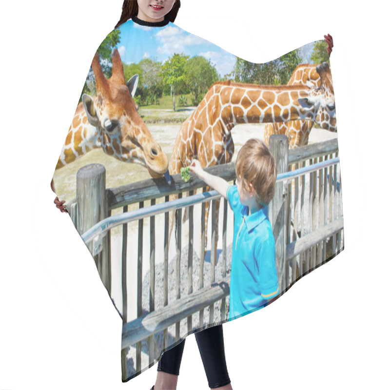 Personality  Little Kid Boy Watching And Feeding Giraffe In Zoo Hair Cutting Cape