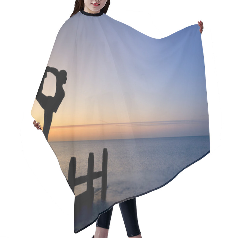 Personality  Silhouette Of Woman Stretching Doing Yoga On Groynes On Beach Hair Cutting Cape