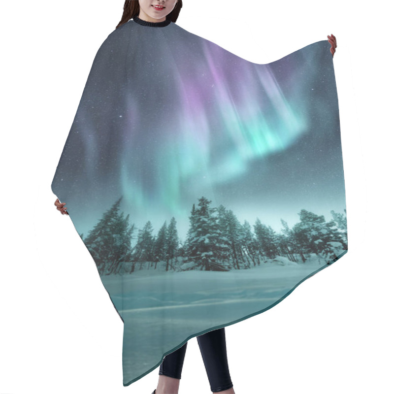 Personality  The Aurora Northern Lights Flicker In The Winter Night Sky Above A Forest In Sweden. Photo Composite. Hair Cutting Cape