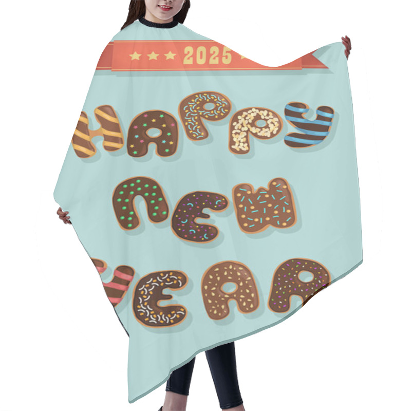 Personality  Chocolate New Year Delight. The Text Happy New Year Is Made By Delightful Chocolate Donuts Adorned With Creamy Swirls And Nutty Decorations. Blue Background, A Red Banner With 2025 Hair Cutting Cape