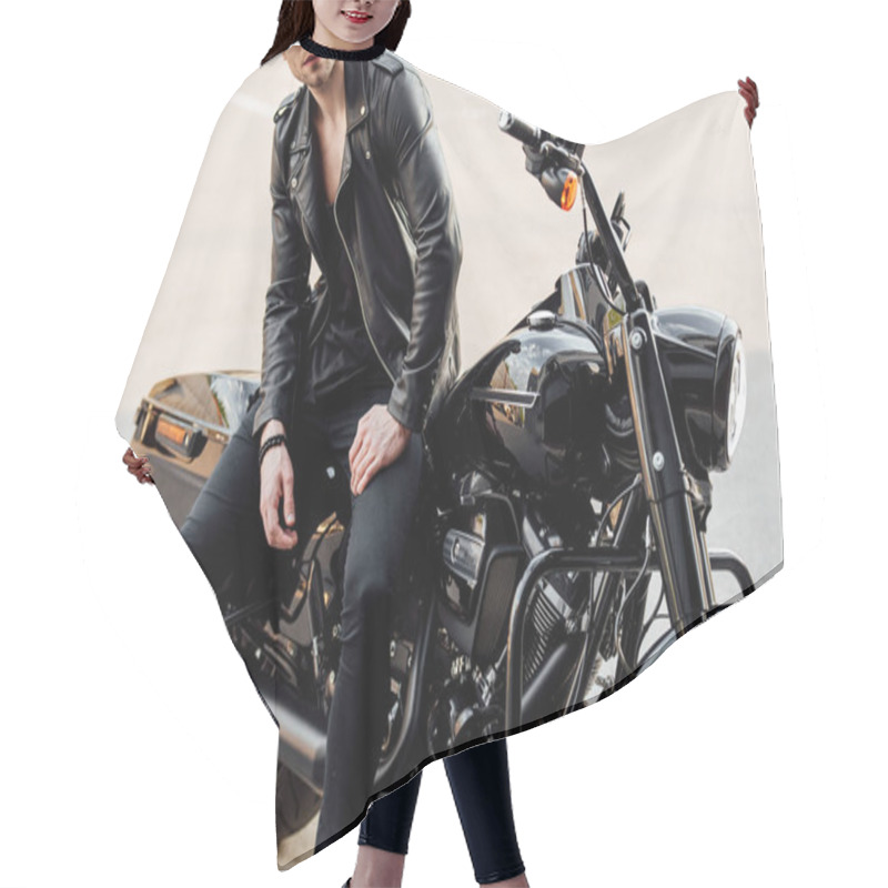 Personality  Cropped View Of Shirtless Motorcyclist Sitting On Motorcycle Outside  Hair Cutting Cape