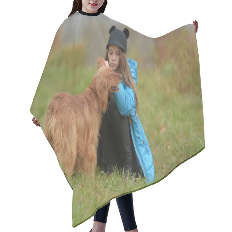 Personality  Happy Girl In The Park With A Spaniel In The Fall By The Lake Hair Cutting Cape