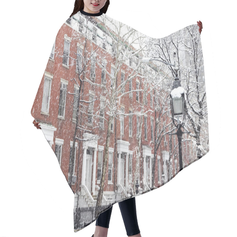 Personality  Snow Covered Winter Street Scene With Old Buildings Along Washington Square Park In Manhattan New York City NYC Hair Cutting Cape