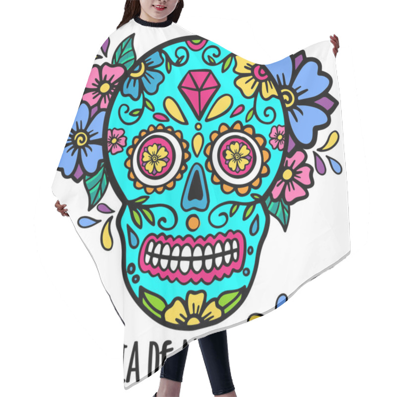 Personality   Typography Mexican Sugar Skull Print With Floral Ornament, Day Of The Death Vector Illustration. Hair Cutting Cape