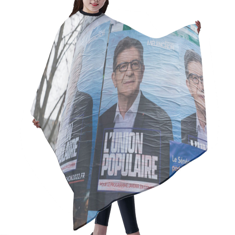 Personality  Mulhouse - France - 18 February 2022 - Portrait Of Jean Luc Melanchon On Electoral Posters In The Street Hair Cutting Cape