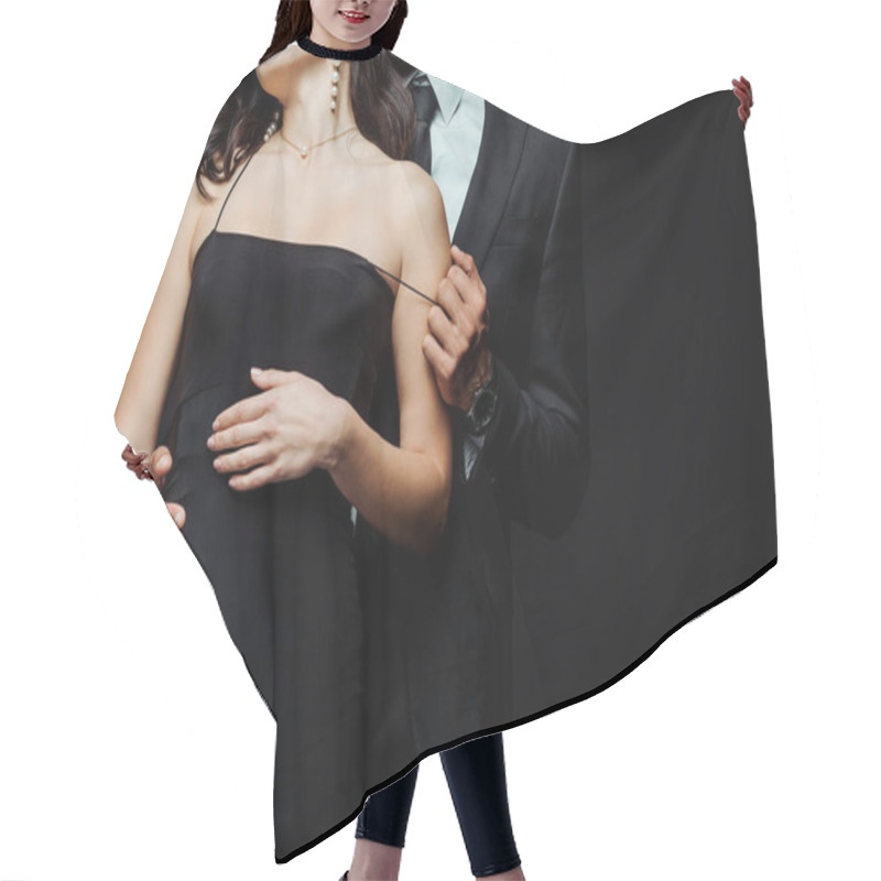 Personality  Cropped View Of Man Undressing Girl In Dress Isolated On Black  Hair Cutting Cape