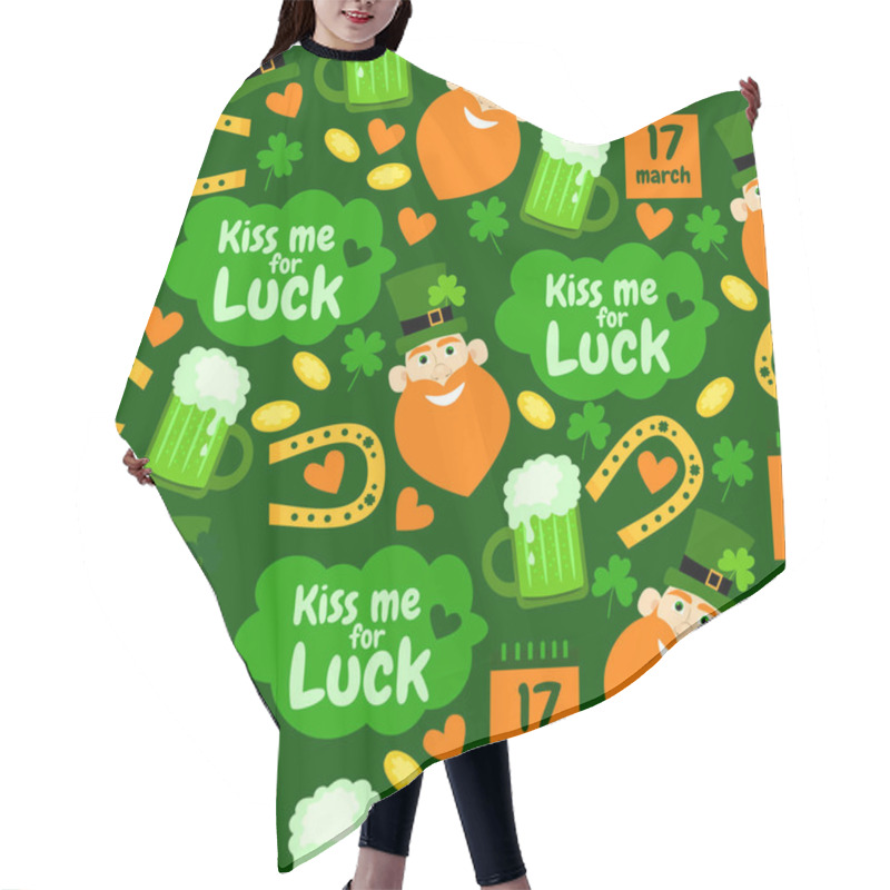 Personality  Funny Cartoon Background With Horseshoe, Hearts, Clover, Money, Green Beer, Leprechaun, Hat. Kiss Me For Luck. Holiday Seamless Pattern. Happy St. Patrick's Day.  Hair Cutting Cape