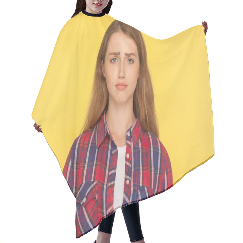 Personality  Portrait Of Unhappy Ginger Girl In Checkered Shirt Frowning And  Hair Cutting Cape