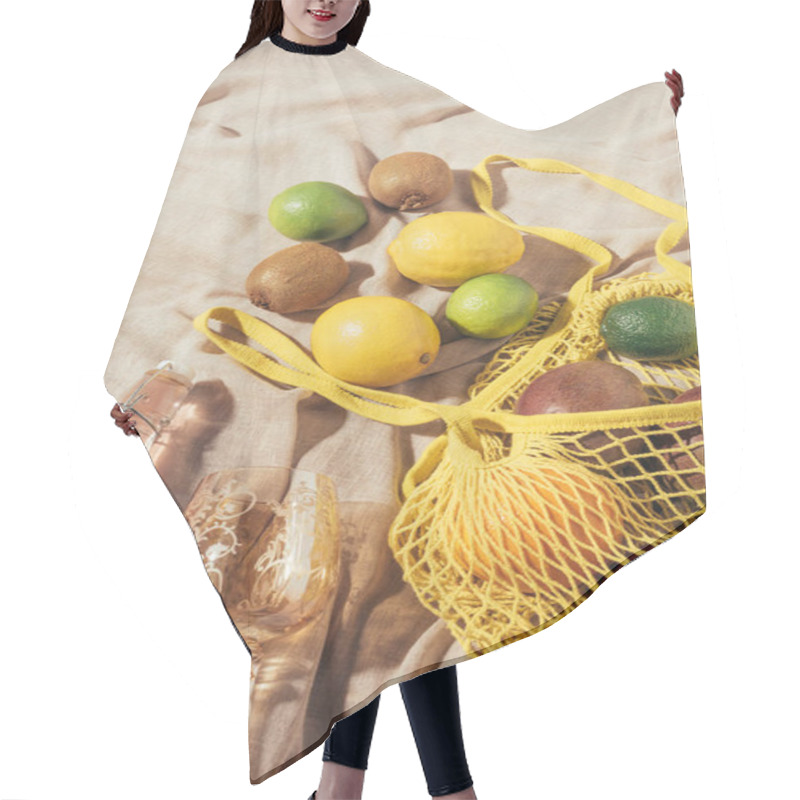 Personality  Top View Of Glass, Bottle With Summer Drink And Yellow String Bag With Fresh Ripe Tropical Fruits Hair Cutting Cape