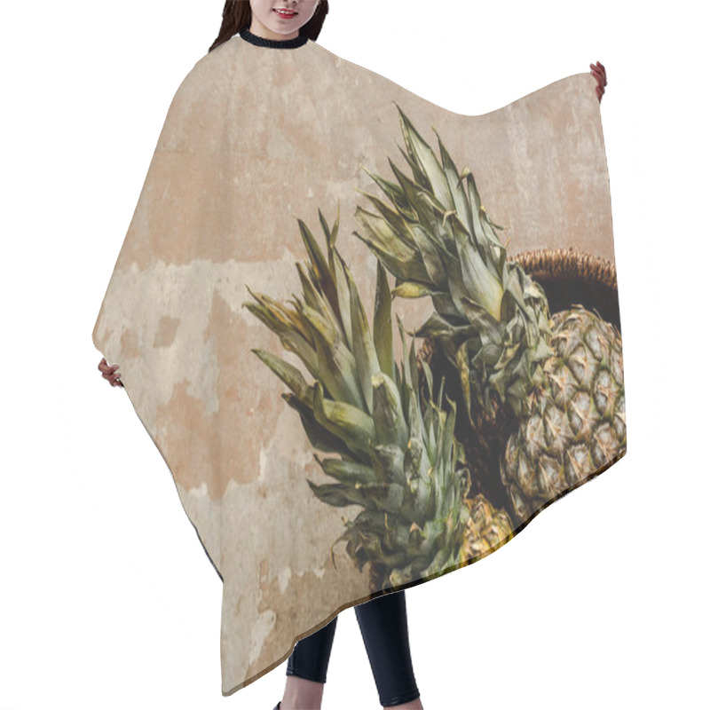 Personality  Top View Of Ripe Exotic Pineapples In Wicker Basket On Weathered Surface Hair Cutting Cape