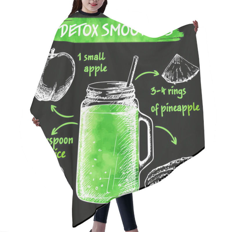 Personality  Smoothie Or Detox Cocktail Day Poster In Doodle Style. Healthy Green Detox Smoothie Recipe With Ingredients. Can Be Used As Menu Element For Cafe Or Restaurant. Hair Cutting Cape