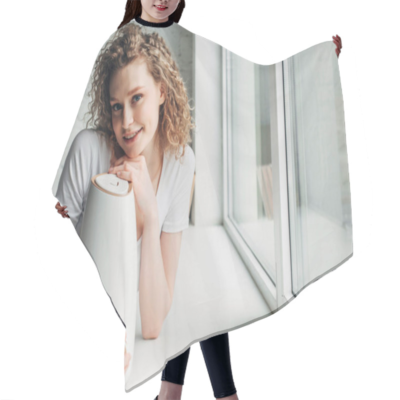 Personality  Attractive Smiling Girl With Air Purifier On Windowsill Hair Cutting Cape