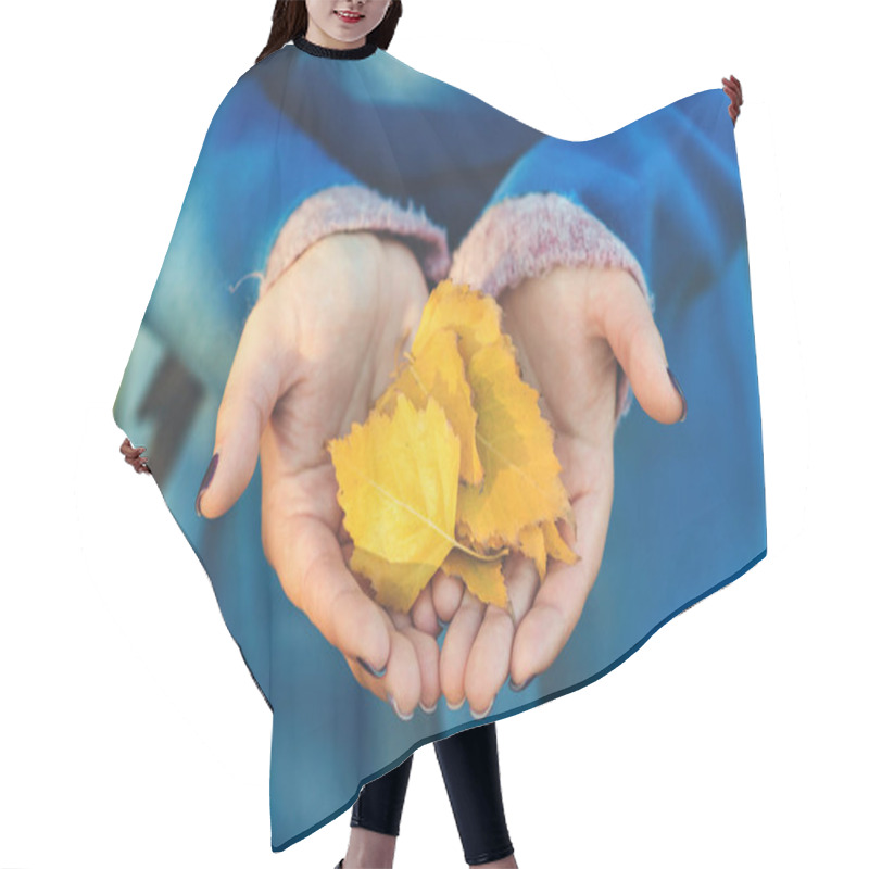 Personality  Autumn Leaves Lying On Palms Of Woman. Closeup Of Beautiful Fallen Leaves In Female Hands. Autumn Mood. Autumn Season, Nature, Holiday Concept Hair Cutting Cape