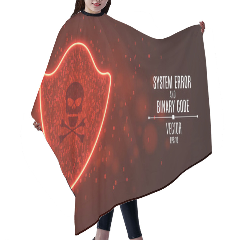 Personality  High-tech Computer Concept. A Red Glowing Neon Shield From A Binary Code. The System Is Under Threat. Hacking The System. The Dark Skull Hair Cutting Cape