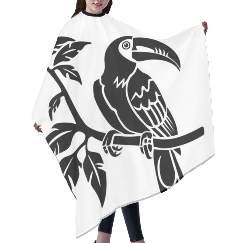 Personality  A Black And White Silhouette Of A Toucan Perched On A Branch With Tropical Leaves. The Design Is Clean, Bold, And Artistic. Wildlife Animals. Hair Cutting Cape