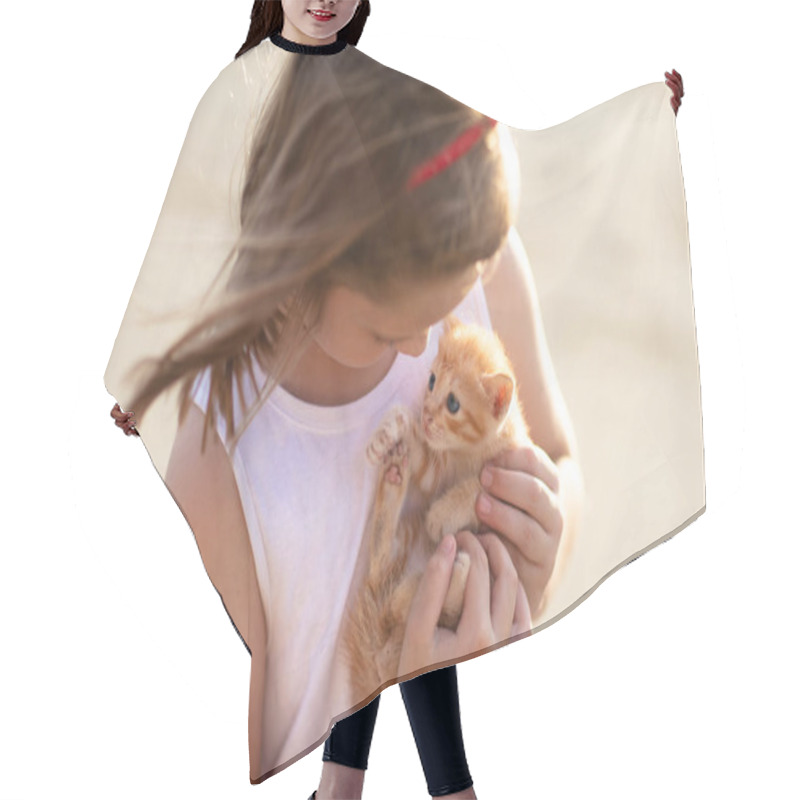 Personality  Little Girl Holding Baby Cat. Kids And Pets Hair Cutting Cape