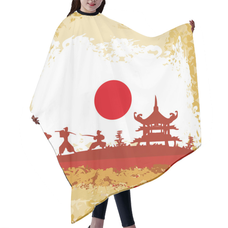 Personality  Old Paper With Samurai Silhouette On Abstract Japanese Flag Back Hair Cutting Cape