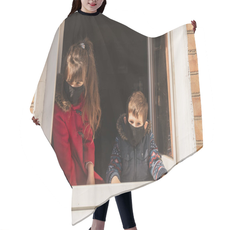 Personality  Coronavirus Covid-19, Quarantine Motivational Photo. Kids Stay At Home To Reduce Risk Of Infection And Spreading The Virus. Girl And Boy With A Face Mask On. Hair Cutting Cape