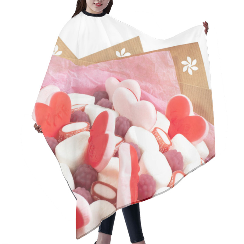 Personality  Colorful Candy Bouquet Featuring Marshmallows, Heart-shaped Gummies, And Raspberry-shaped Sweets Arranged On Pink And Brown Wrapping Paper. Perfect For Celebrations, Gifts, And Romantic Occasions Hair Cutting Cape