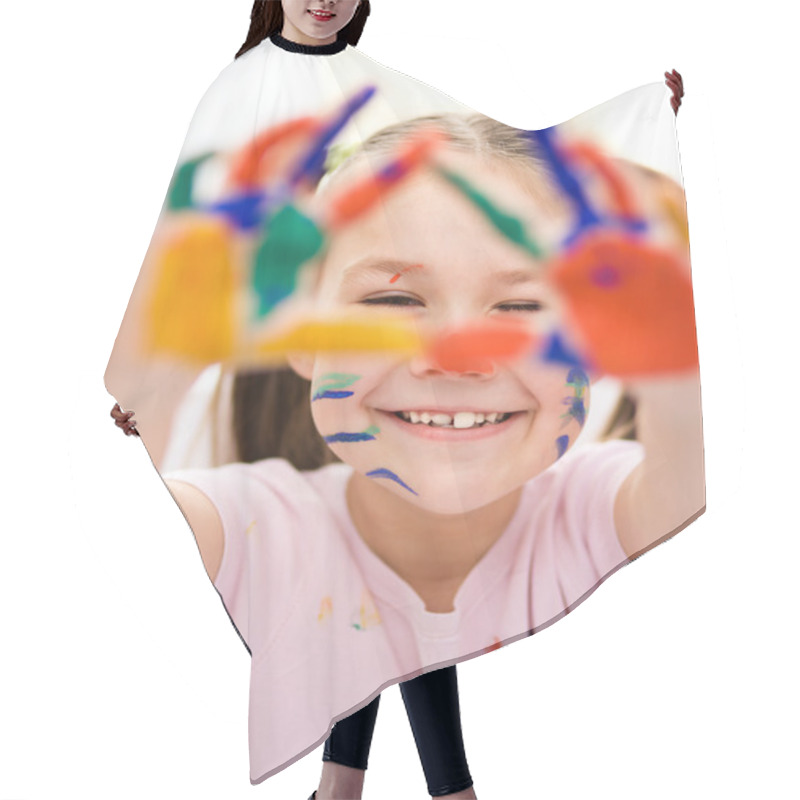 Personality  Portrait Of A Cute Girl Playing With Paints Hair Cutting Cape