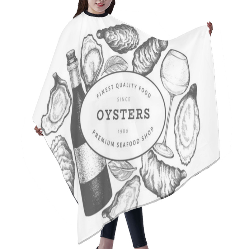 Personality  Oysters And Wine Design Template. Hand Drawn Vector Illustration. Seafood Banner. Can Be Used For Design Menu, Packaging, Recipes, Label, Fish Market, Seafood Products. Hair Cutting Cape